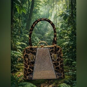 Leopard Print Structured Satchel Handbag with Gold & Crystal Accents